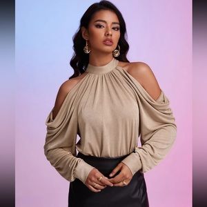 Shein cold shoulder bodysuit!! Never worn!! Color: beige, size L